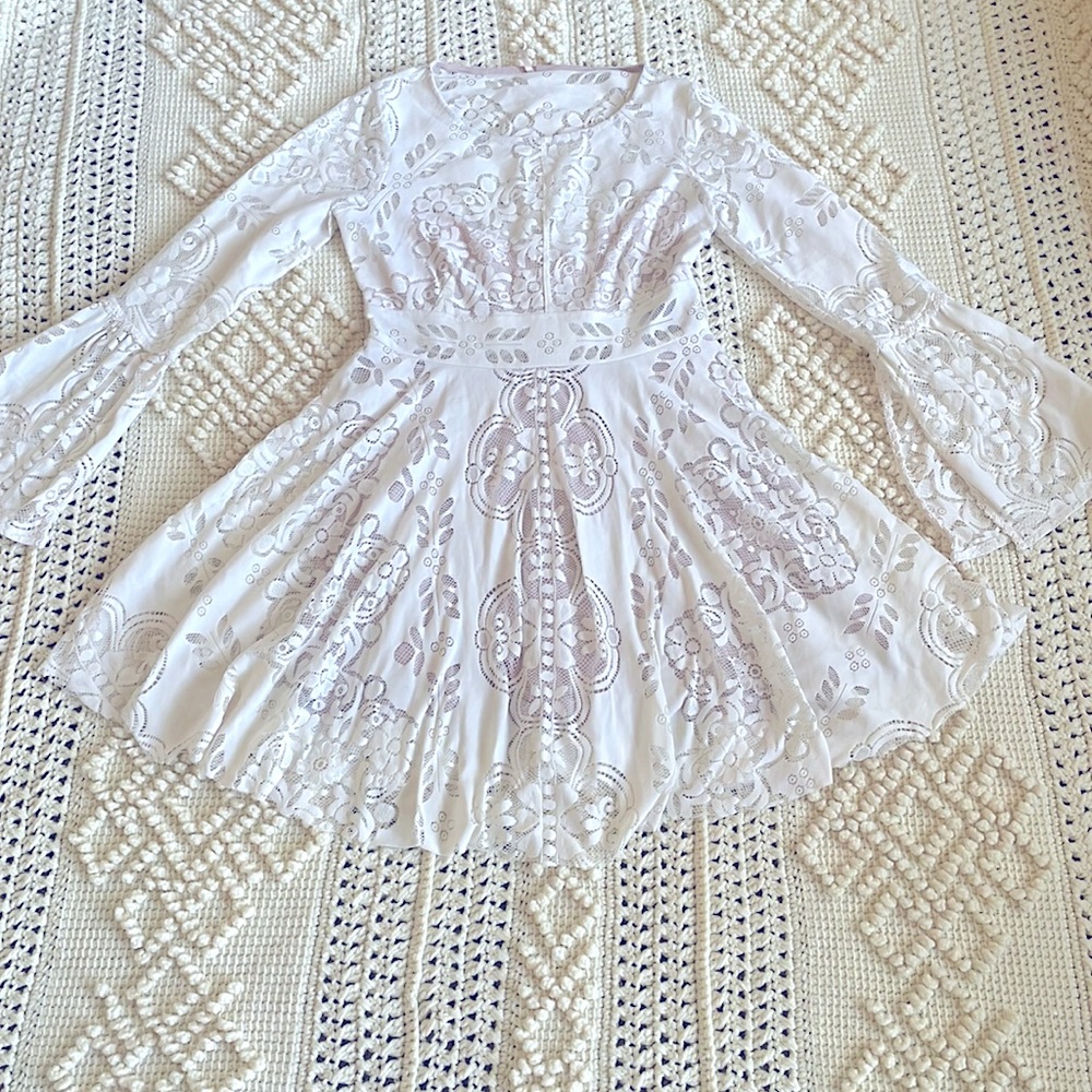 Free People Lace Lovers Folk Song Dress Ivory Cream Bell Sleeve Festival 8